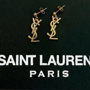 Yves Saint Laurent YSL - Inspired Gold Logo Drop Stud Earrings Jewelry Stamped